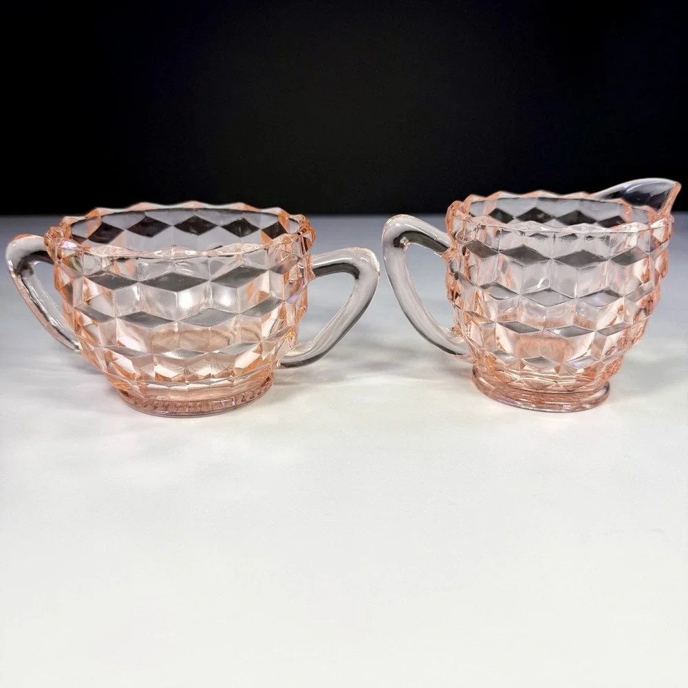 Vintage Jeannette Cubist Pink Depression Glass Sugar & Creamer Set Cube Pattern